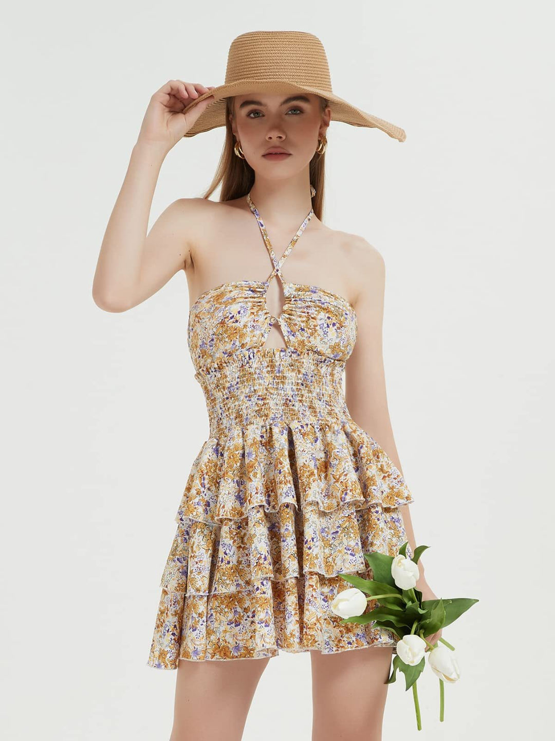 Damen Rüschenkleid mit trägerlosem Design und floralem Muster EB