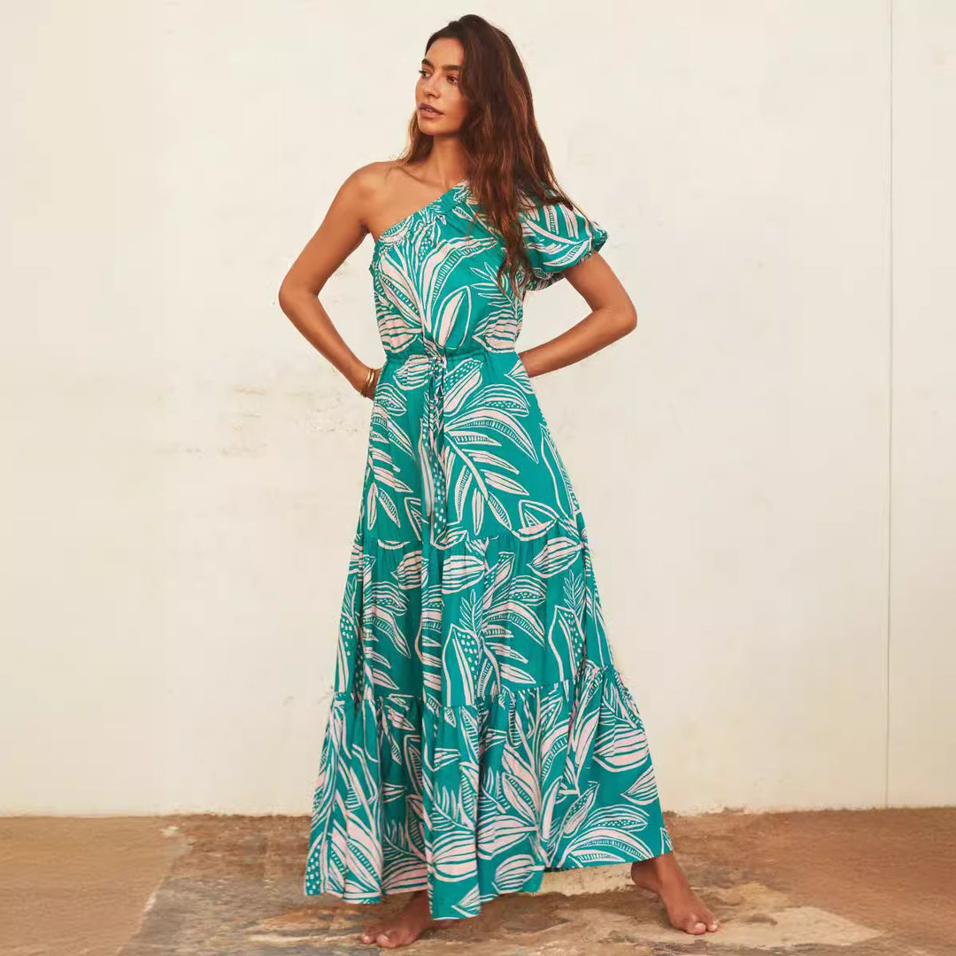 Damen Maxikleid mit asymmetrischem Schnitt und lebhaftem Blattmuster EB
