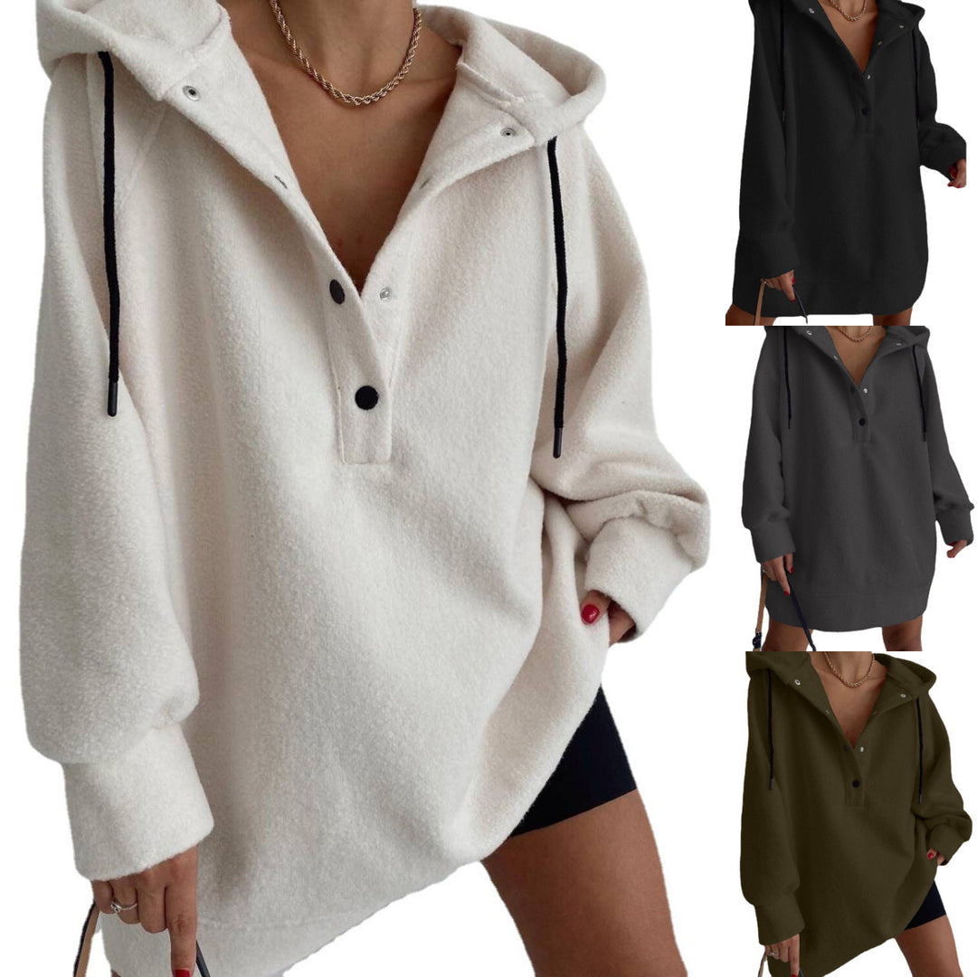 Damen nan kuscheliges Kapuzen-Fleece-Tunika-Sweatshirt mit Druckknopfleiste und überschnittener Schulter EB