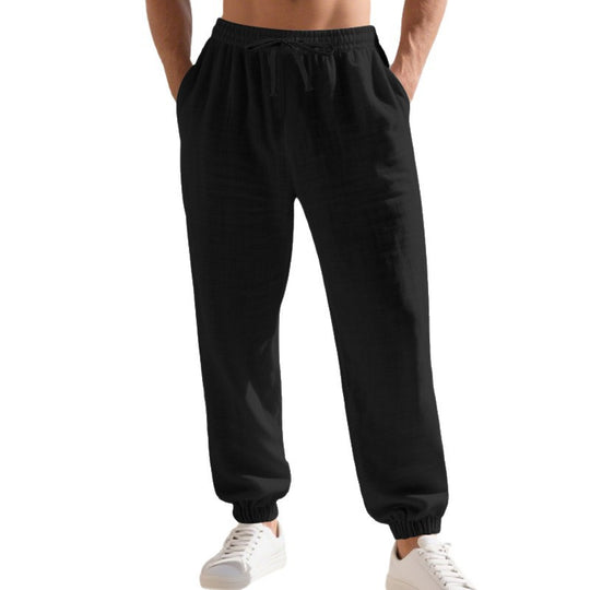 Herren nan leichte Leinen-Baumwoll Loungehose mit elastischem Tunnelzug, seitlichen Eingrifftaschen und elastischen Beinabschlüssen EB