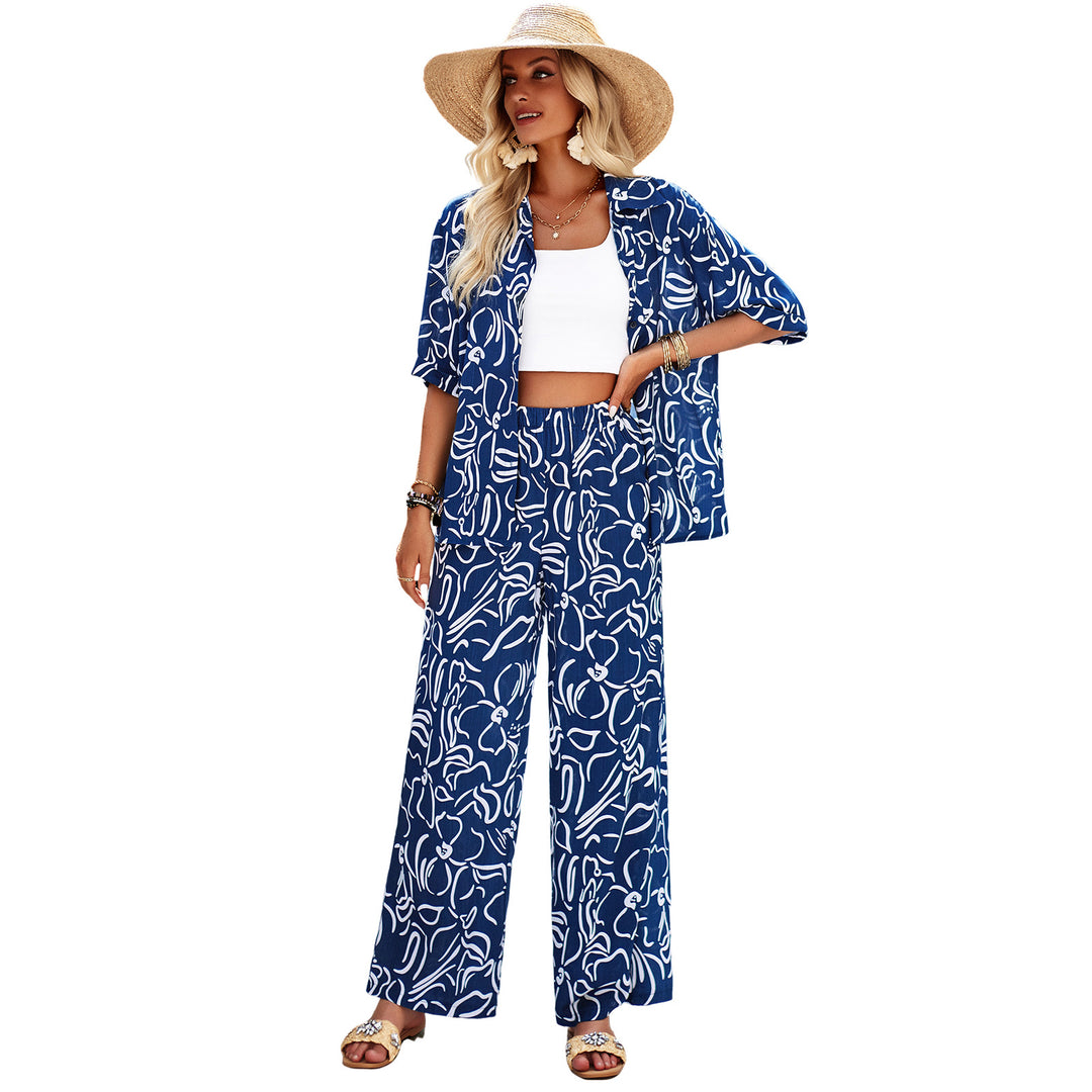 Damen luftiges Zweiteiliges Ensemble mit floralem Muster und weiten Hosen EB