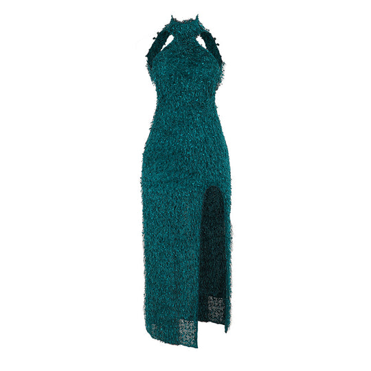 Damen elegantes Maxikleid mit hohem Schlitz und floralem Strukturdesign EB