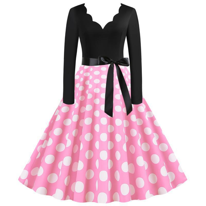 Damen Retro-Swingkleid mit langen Ärmeln tailliertem Oberteil gepunktetem Tellerrock und Schleifengürtel EB