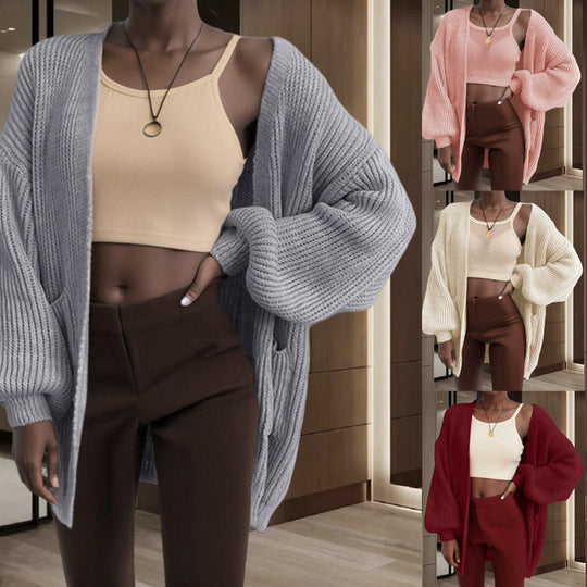 Damen Großer Strickjacke mit voluminösen Ärmeln und praktischen Taschen EB
