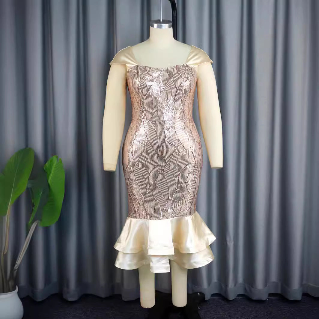 Damen Elegantes Abendkleid mit schimmernden Pailletten und femininem Rüschensaum EB