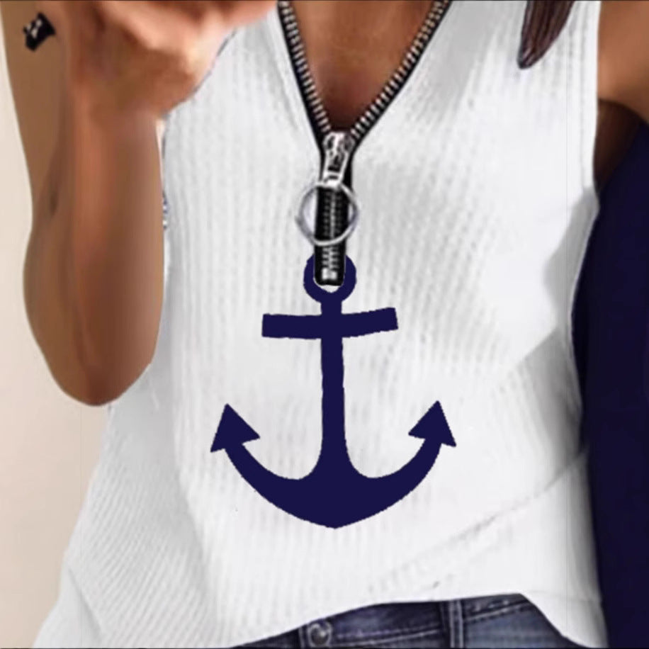 Damen Sportliches T-Shirt mit Reißverschluss und maritimen Motiven EB