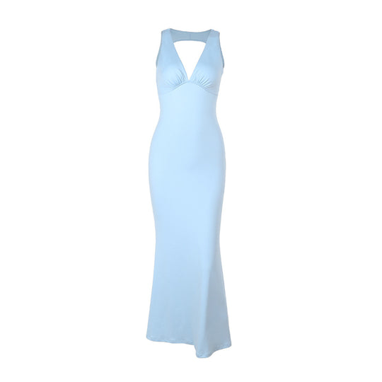 Damen figurbetontes Maxikleid mit tiefem V-Auschnitt und eleganter Schnittführung EB
