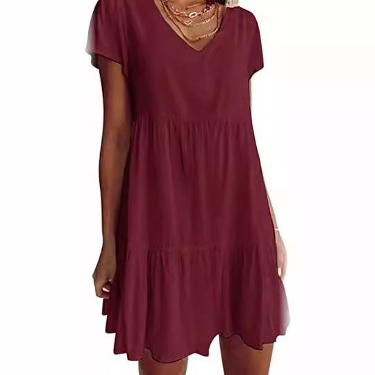 Damen luftiges V-Ausschnitt Kleid mit Rüschensaum und praktischen Taschen EB