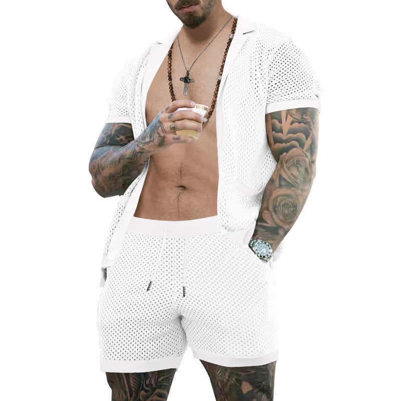 Herren nan offener Netzstrick-Cardigan mit passenden Kordelzug-Shorts EB