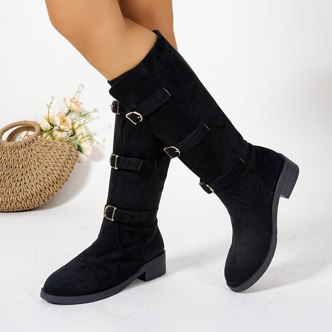 Damen Modische Stiefel mit dekorativen Schnallen und komfortablem Blockabsatz EB