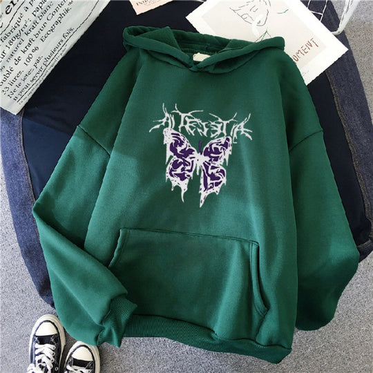 Damen nan Oversize-Kapuzenpullover mit gothischer Schmetterlings-Illustration und Kängurutasche EB
