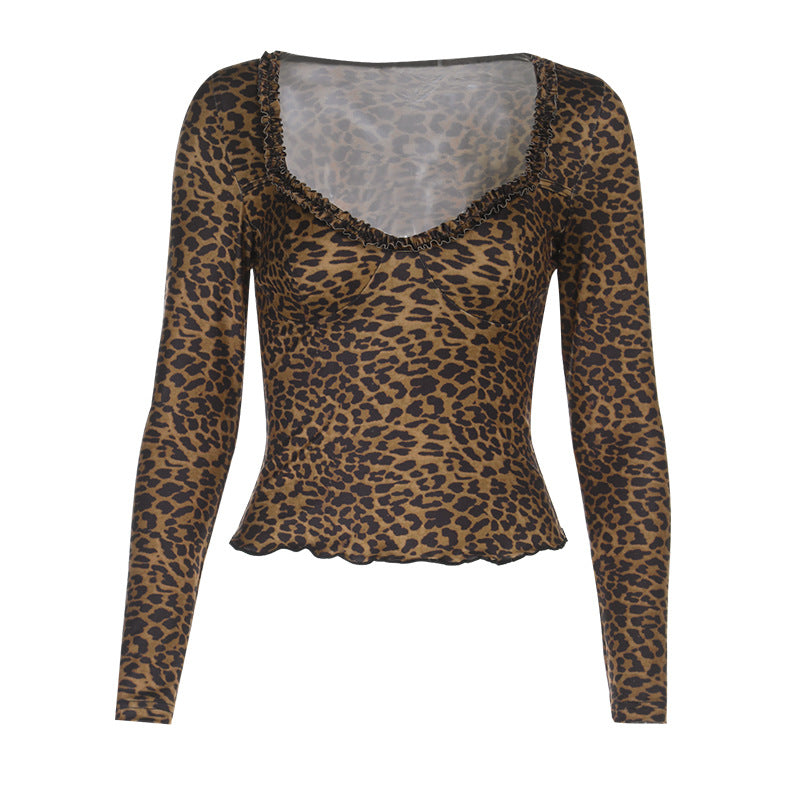 Damen elegantes Leopardenmuster Langarmoberteil EB