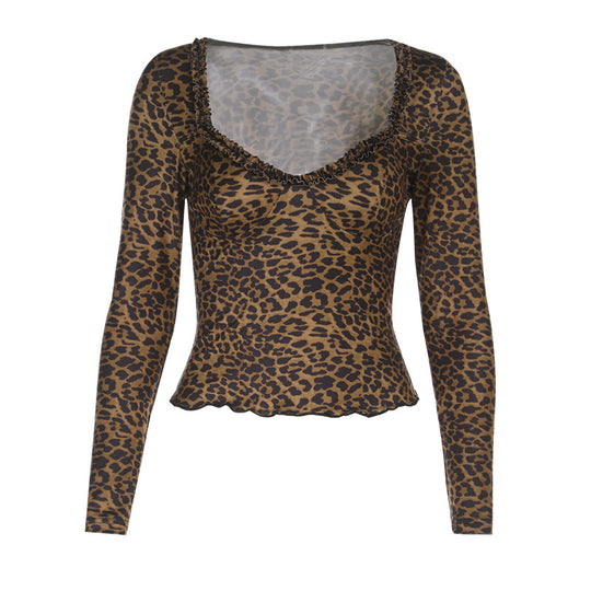 Damen elegantes Leopardenmuster Langarmoberteil EB