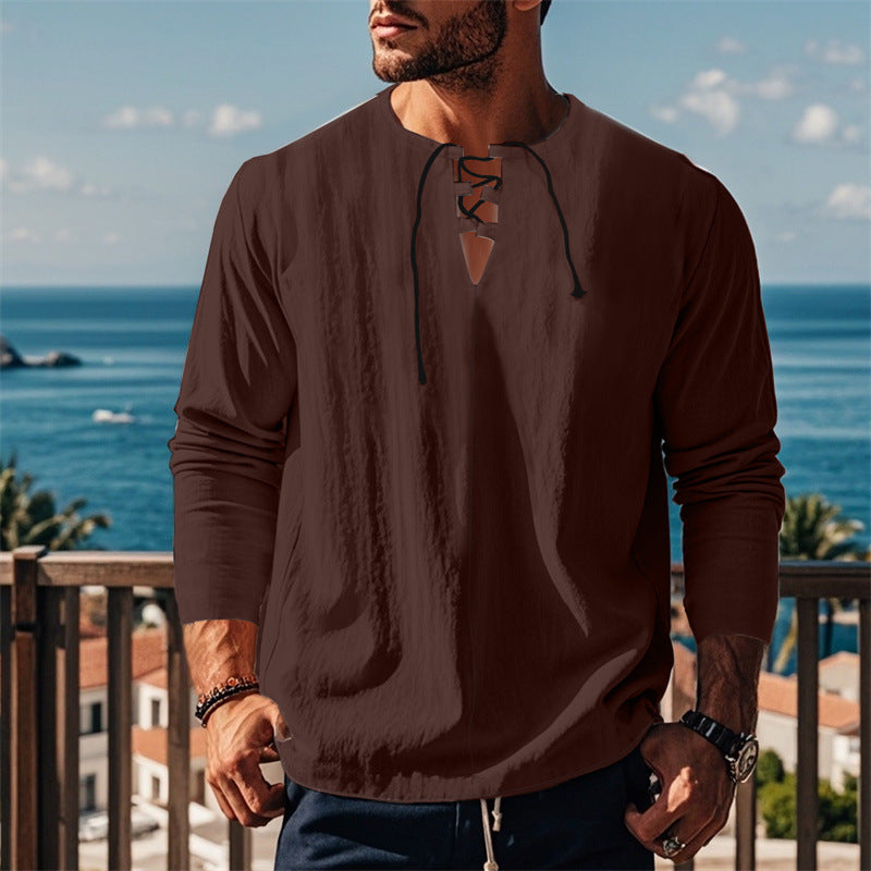Herren modisches Langarmshirt mit Schnürung und V-Ausschnitt EB