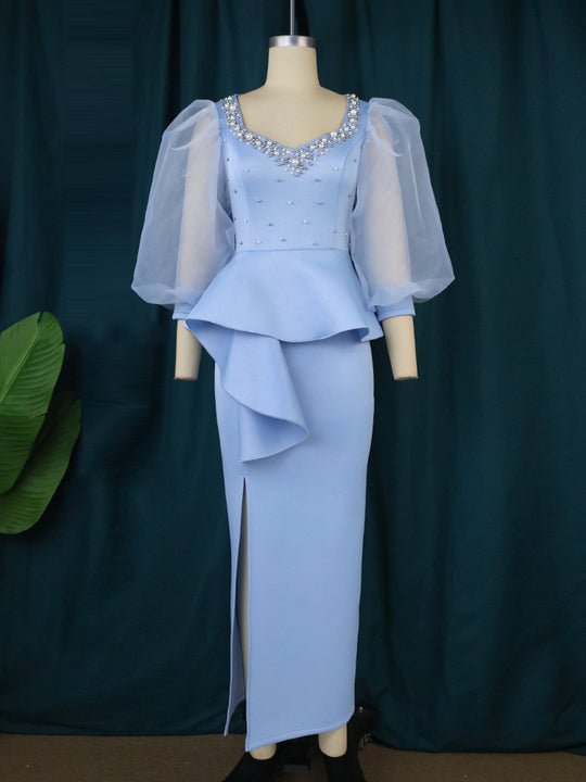Damen Elegantes Abendkleid mit funkelnden Perlen und voluminösen Tüllärmeln EB