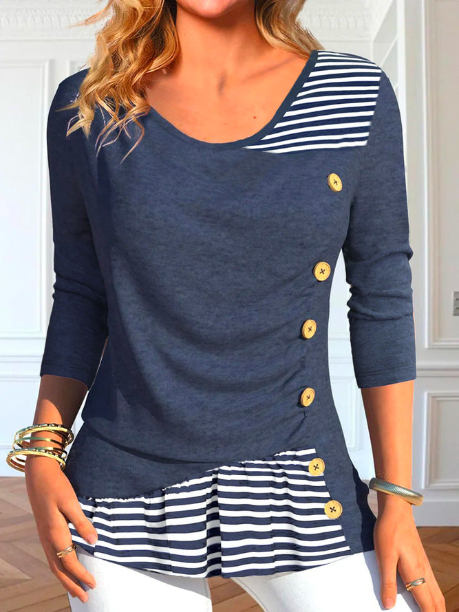 Damen Langarmshirt mit Knopfdetails und gestreiftem Saum EB