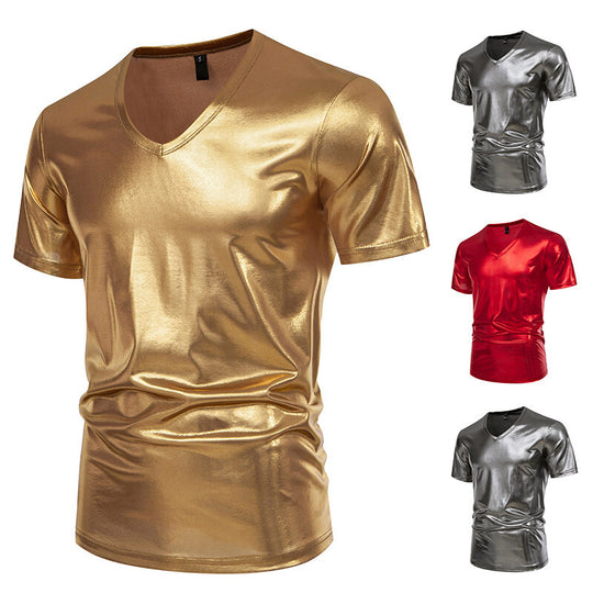 Herren V-Ausschnitt T-Shirt aus glänzendem Material mit persönlichem Stil EB