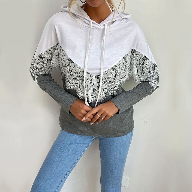 Damen Kapuzenpullover mit elegantem Spitzendesign und kontrastierenden Farben EB