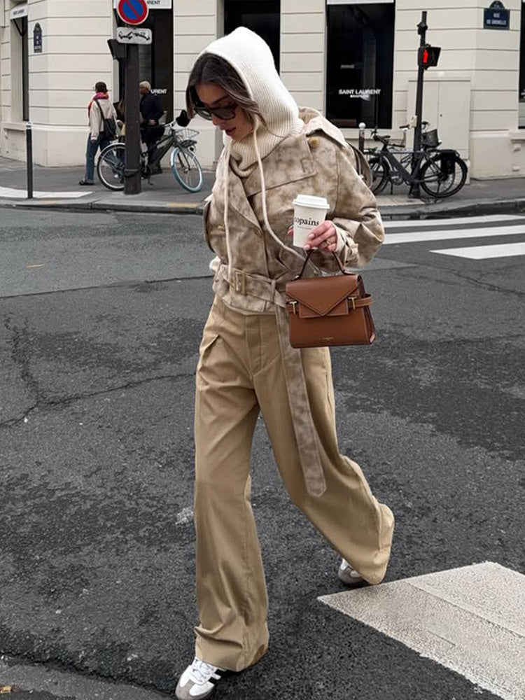 Damen modische Trenchcoat-Jacke mit Gürtel und Kapuze EB
