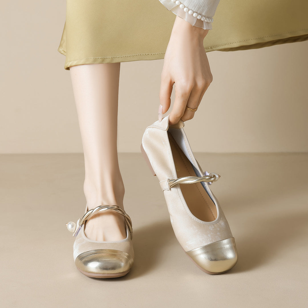 Damen Ballerinas mit elegantem Riemen und modischem Perlenschmuck EB