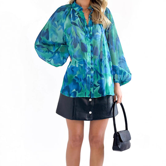 Damen Transparente Bluse mit Ballonärmeln und floralem Druck EB