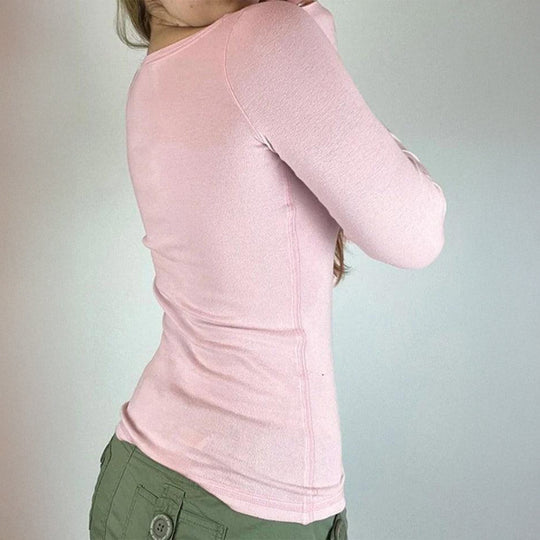 Damen nan tailliertes Langarmshirt mit quadratischem Ausschnitt, Knopfleiste und feiner Spitzenblende EB