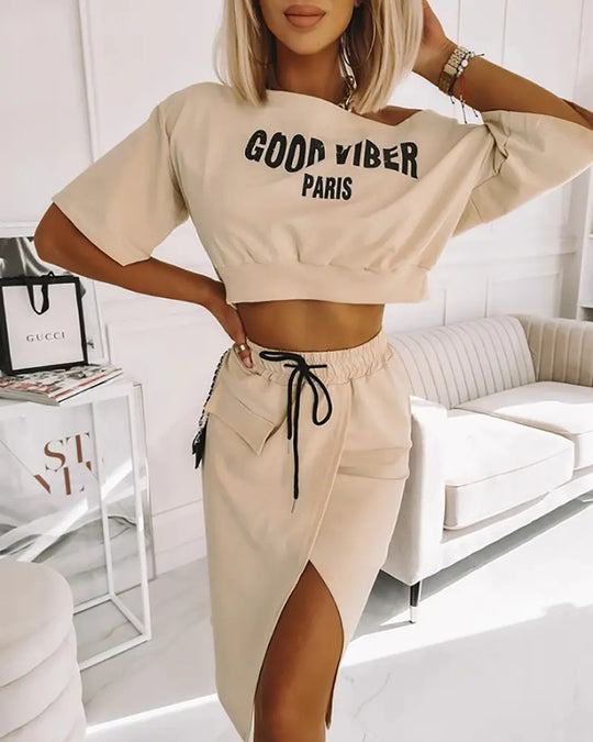 Damen lässiges Crop-Top und Rock Set mit seitlichem Schlitz EB