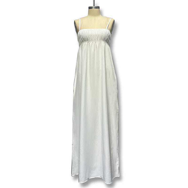 Damen Maxi-Kleid mit gerafftem Oberteil und seitlichen Taschen EB