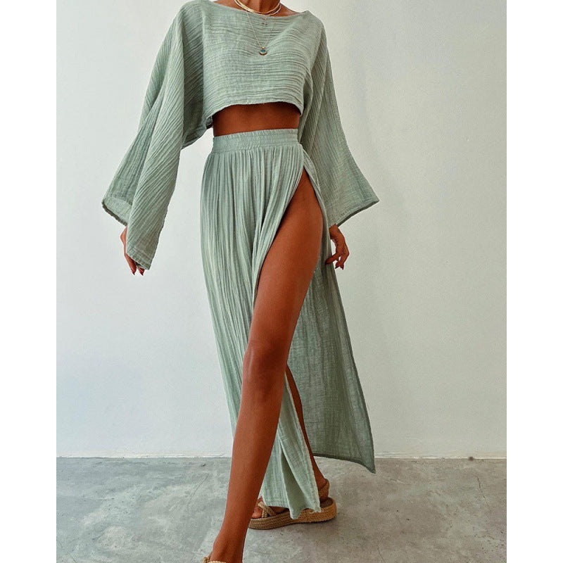 Damen Zweiteiliges Maxikleid mit Off-Shoulder-Design und Schlitz EB