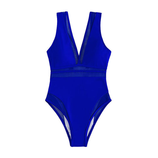 Damen Einteiler Badeanzug mit tiefem V-Ausschnitt und Mesh-Details EB