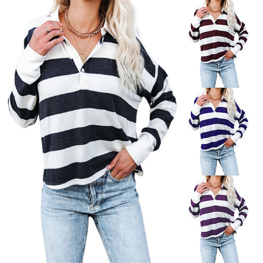 Damen lässiges Langarmshirt mit Streifenmuster und Knopfleiste EB