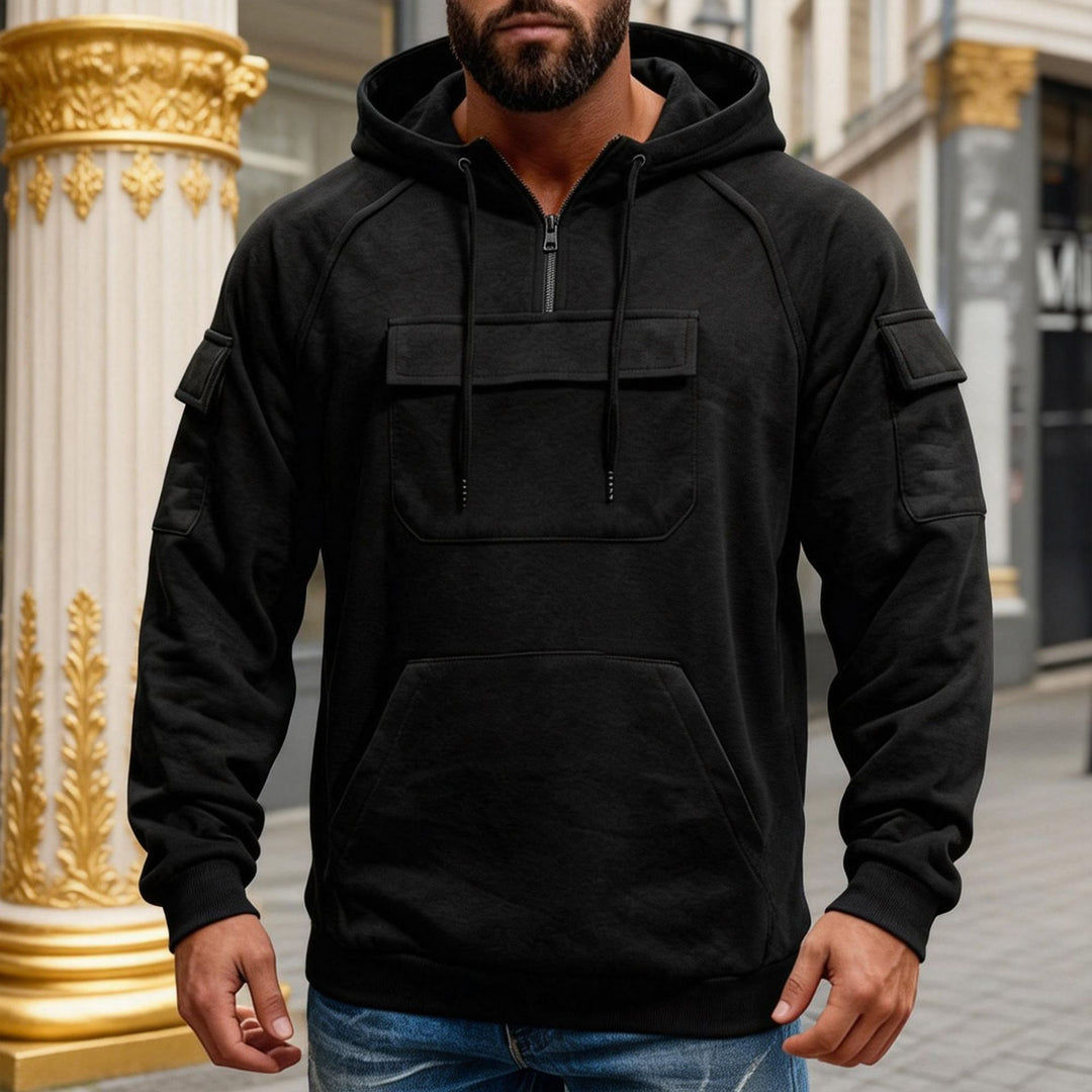 Herren nan funktionaler Kapuzenpullover mit halbem Frontreißverschluss, aufgesetzter Fronttasche mit Klappe und Kängurutasche EB