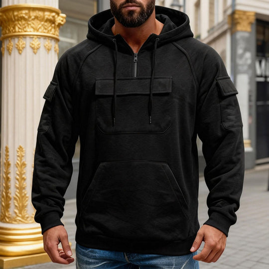Herren nan funktionaler Kapuzenpullover mit halbem Frontreißverschluss, aufgesetzter Fronttasche mit Klappe und Kängurutasche EB