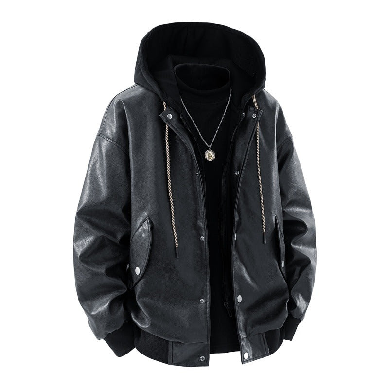 Herren oversized Kunstleder-Bomberjacke mit kontrastkapuze, Druckknopfblende und aufgesetzten Taschen EB