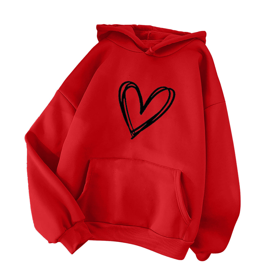 Damen nan oversized Kapuzenpullover mit handgezeichnetem Herzprint, Kängurutasche und weichem Fleece-Innenfutter EB