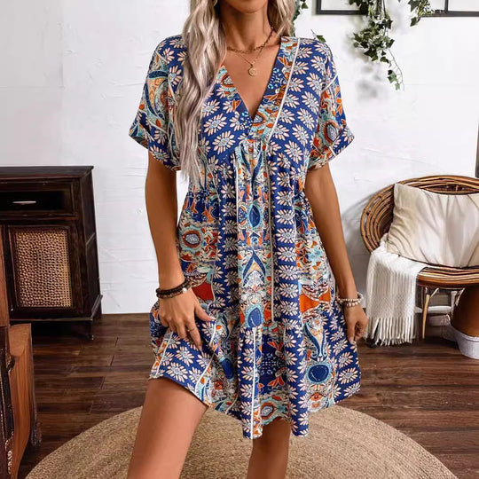 Damen luftiges Sommerkleid mit V-Ausschnitt und Volant EB