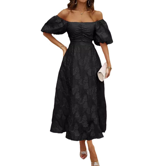 Damen Maxikleid mit schulterfreiem Design und voluminösen Puffärmeln EB