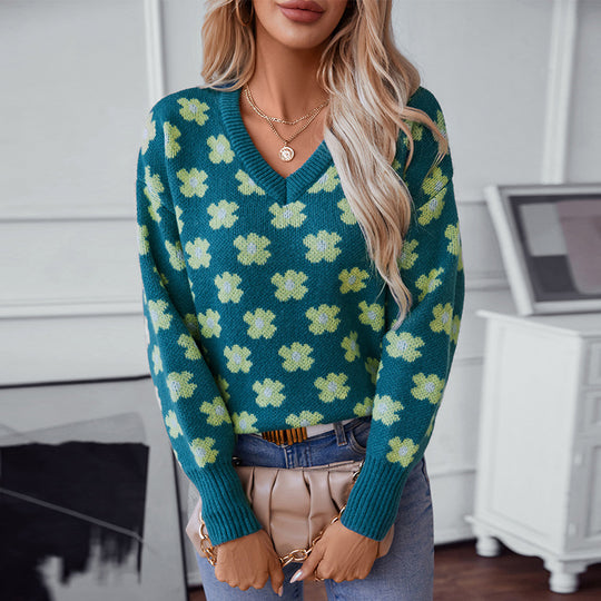 Damen Strickpullover mit floralem Muster und V-Ausschnitt EB