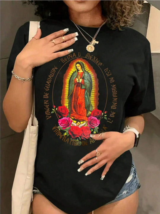 Damen T-Shirt mit kreativem Grafikdruck und luxuriösen Paillettenakzenten EB