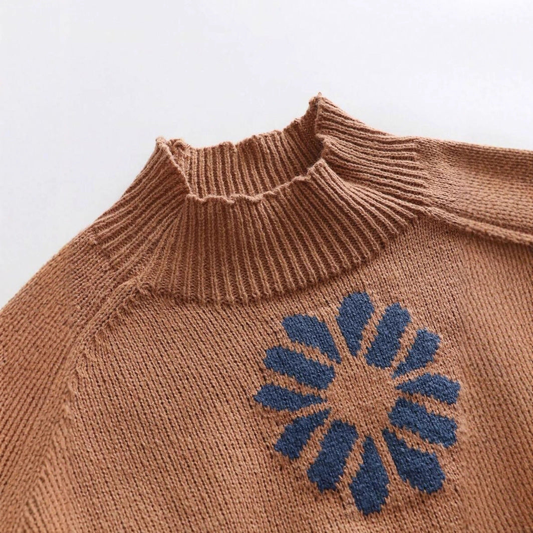 Damen Strickpullover mit floralem Motiv und modernem Rundhalsausschnitt EB