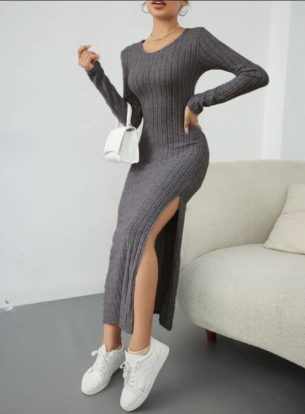 Damen Maxikleid mit seitlichem Schlitz und strukturiertem Rippdesign EB