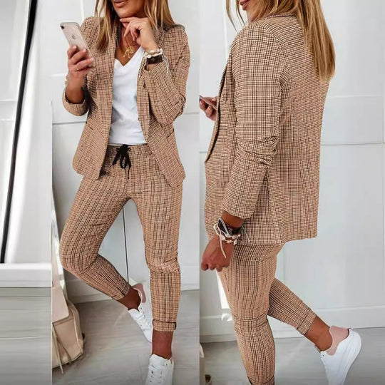 Damen nan lässig-elegantes Karozweiteiler Blazer mit Tunnelzug-Slimhose EB