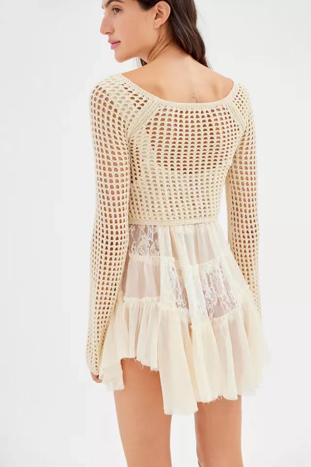 Damen gehäkeltes Crop-Top mit weiten Ärmeln und bunten Streifen EB