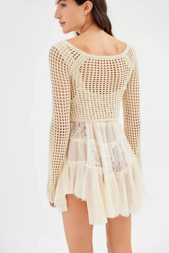 Damen gehäkeltes Crop-Top mit weiten Ärmeln und bunten Streifen EB