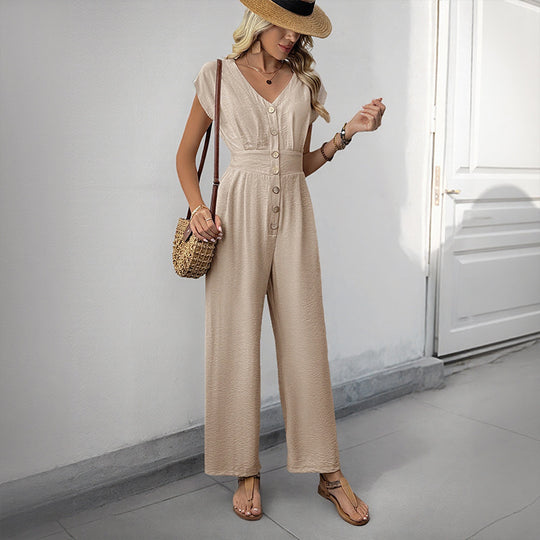 Damen eleganter Jumpsuit mit Knopfdesign und weitem Bein EB