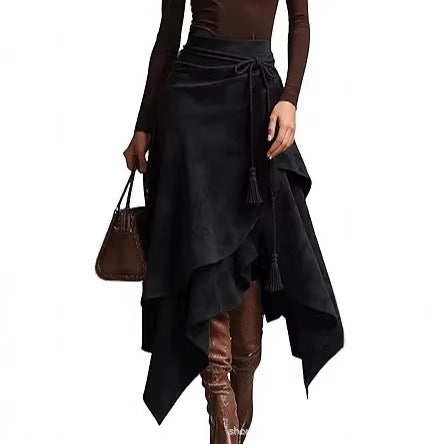 Damen asymmetrischer Wickelrock mit dekorativen Quasten EB