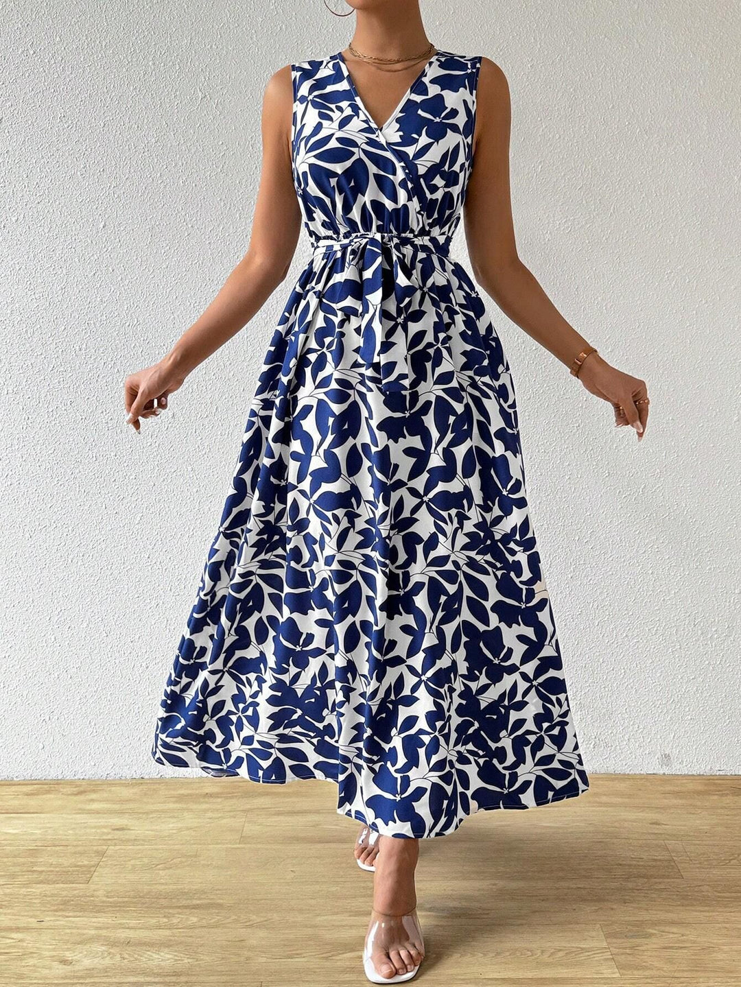 Damen nan Wickel-Maxikleid mit V-Ausschnitt und gebundenem Taillengürtel EB