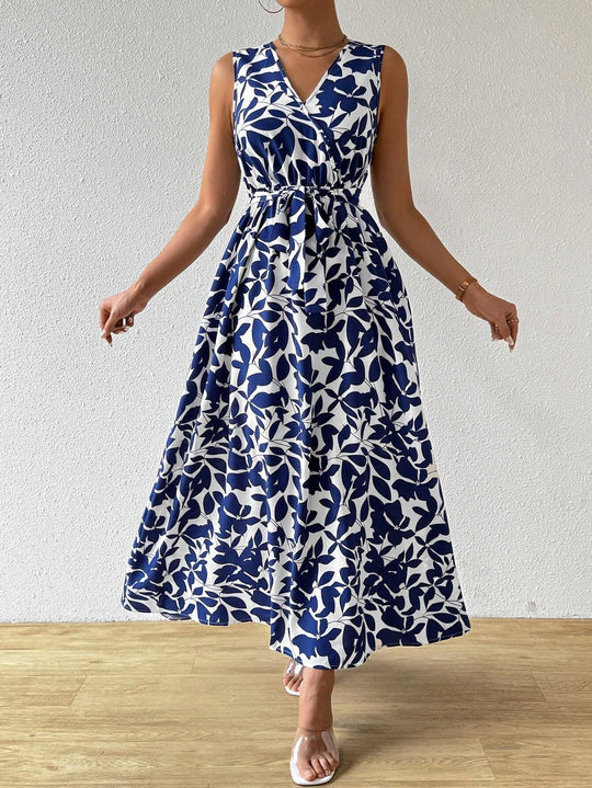 Damen nan Wickel-Maxikleid mit V-Ausschnitt und gebundenem Taillengürtel EB