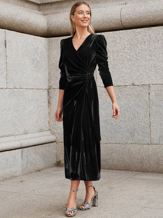 Damen Elegantes Wickelkleid mit Puffärmeln und Goldakzenten EB