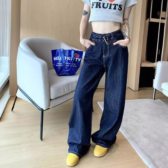 Damen Weite Jeans mit modischem Gürtel und einzigartigem Schnitt EB